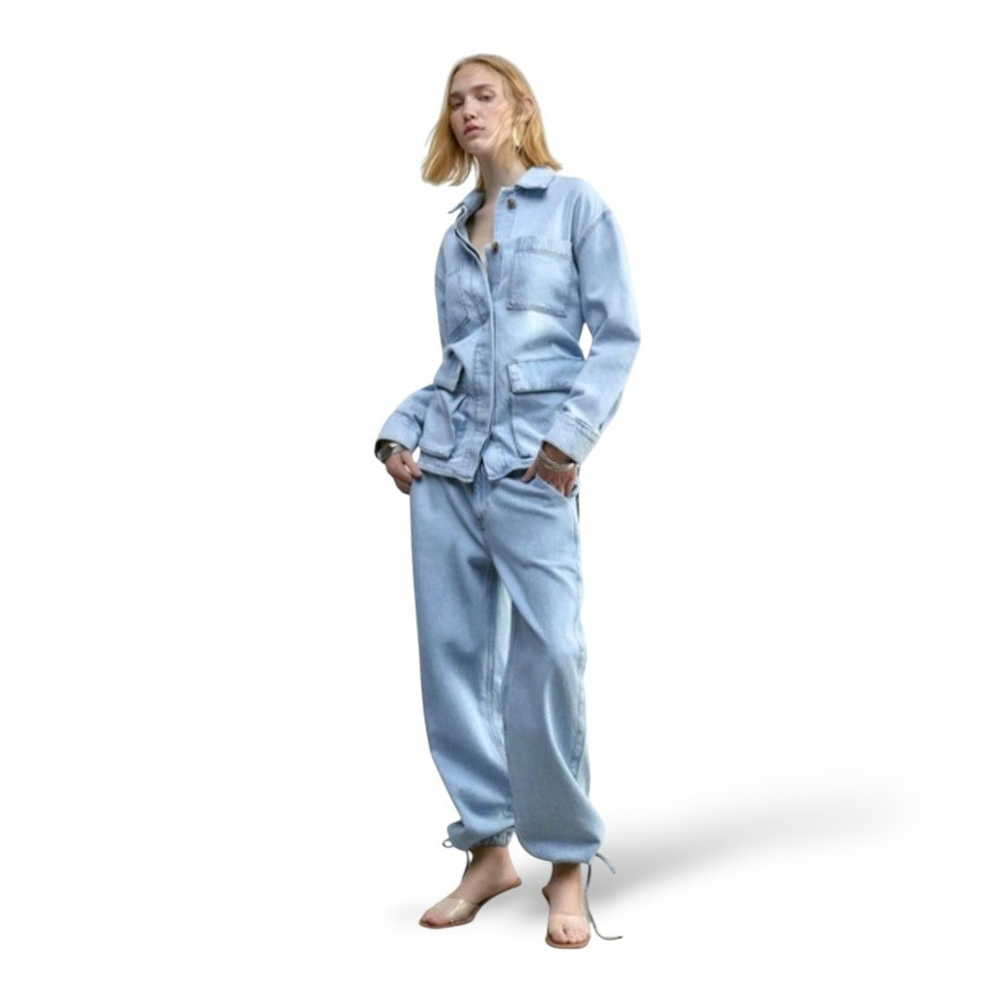 ZARA Drawstring Cuff High Rise Denim Joggers Light Wash Sz S